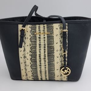 Michael Kors Medium Jet Set Black Stripe Python Print Tote